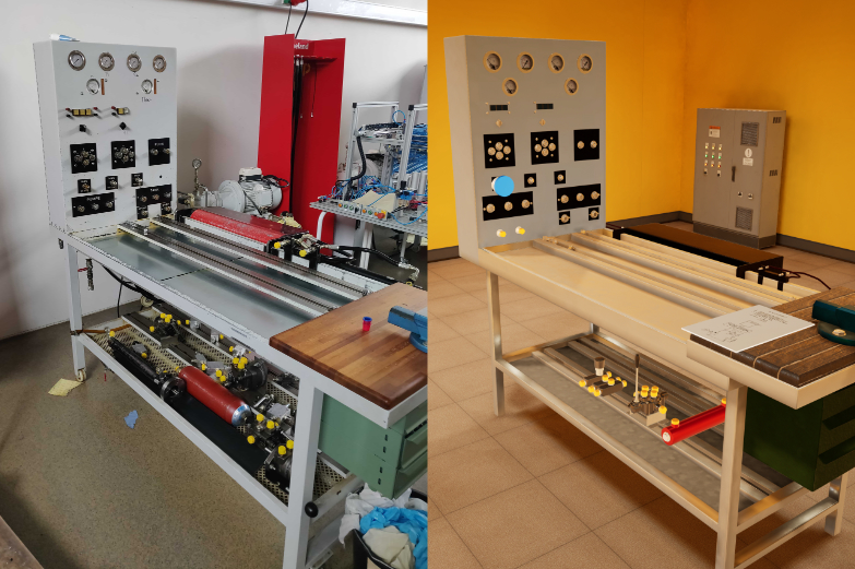 Left: hydraulic station from the school. Right: digital replica of the hydraulic station
